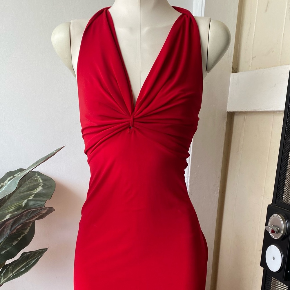 Red Monroe halter hi-low dress. Silky material, stretch. Size S-M